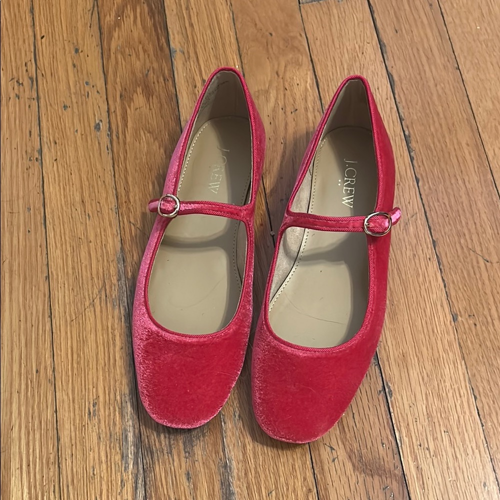 J.Crew Red Velvet Mary Jane Flats